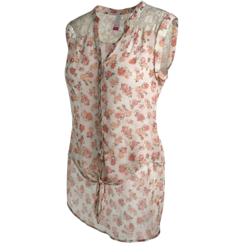 No Boundaries Top Women M Orange Floral Lace Yoke Tie Front Sleeveless Button Up